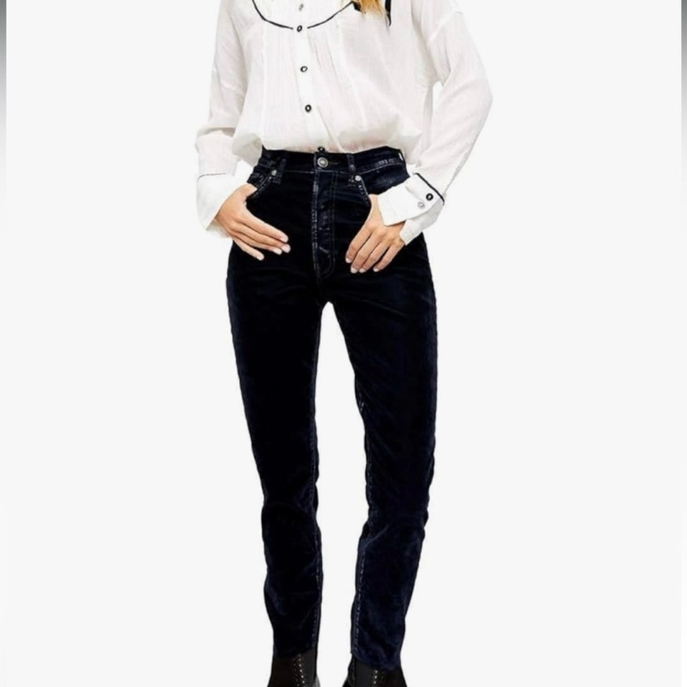 EUC Free People We the Free- black velvet high waist button fly pants - Picture 3 of 10